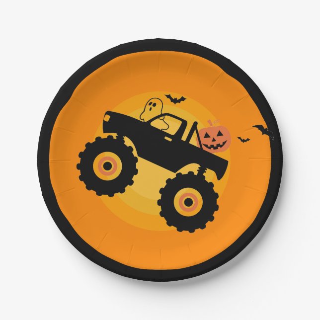 Halloween birthday Monster truck Ghost Pumpkin bat Paper Plates (Front)