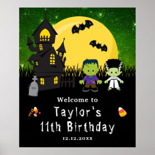 Halloween Birthday Monsters Green Welcome Sign