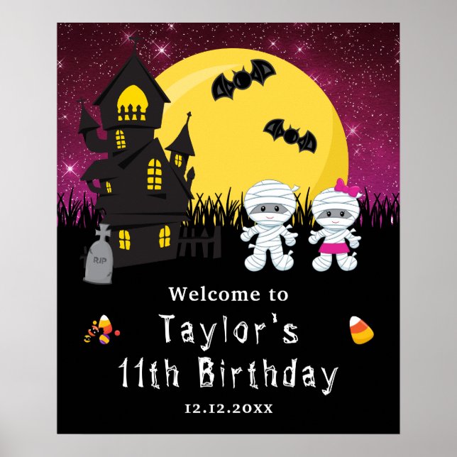 Halloween Birthday Mummy Pink Welcome Sign (Front)