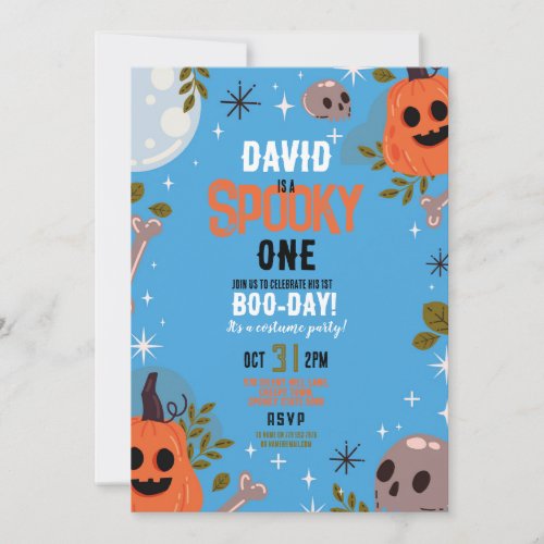 Halloween Birthday ONE Boys Blue Party Pumpkin 1st Invitation