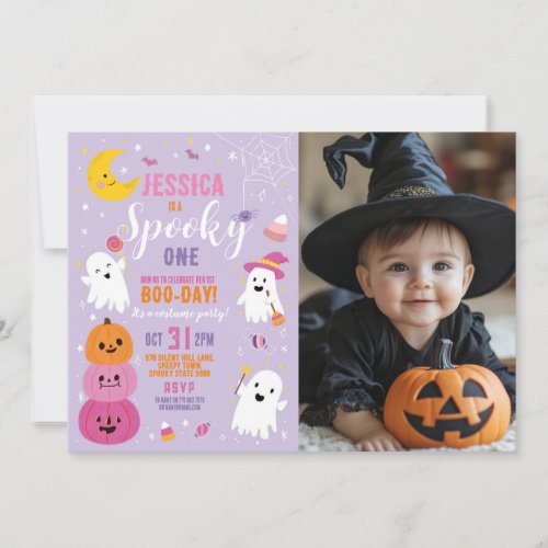 Halloween Birthday ONE Girls Party Ghosts Purple Invitation