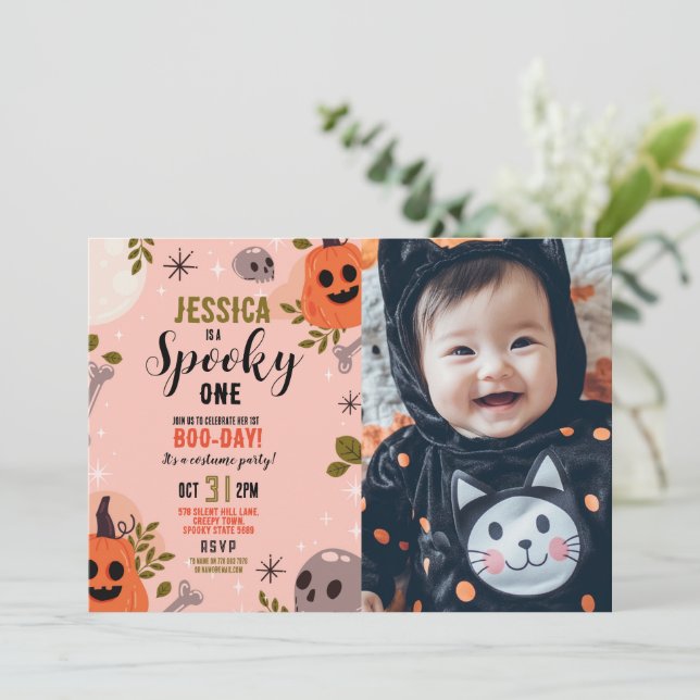 Halloween Birthday ONE Girls Party Pumpkin Photo Invitation (Standing Front)