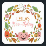 Halloween Birthday Party Favor Square Sticker<br><div class="desc">Are you celebrating a Halloween birthday this year and want a sweet, not spooky, illustrated theme for your party? These extra cute and colorful Halloween themed thank you stickers feature hand drawn festive fun! A wreath of jack o lanterns, autumn leaves, and a happy ghost surrounds your customizable details of...</div>
