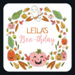 Halloween Birthday Party Favor Square Sticker<br><div class="desc">Are you celebrating a Halloween birthday this year and want a sweet, not spooky, illustrated theme for your party? These extra cute and colorful Halloween themed thank you stickers feature hand drawn festive fun! A wreath of jack o lanterns, autumn leaves, and a happy ghost surrounds your customizable details of...</div>