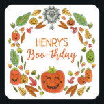 Halloween Birthday Party Favor Square Sticker<br><div class="desc">Are you celebrating a Halloween birthday this year and want a sweet, not spooky, illustrated theme for your party? These extra cute and colorful Halloween themed thank you stickers feature hand drawn festive fun! A wreath of jack o lanterns, autumn leaves, and a spider web surrounds your customizable details of...</div>