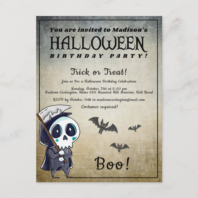 Halloween Birthday Party Grim Reaper Postcard (Front)
