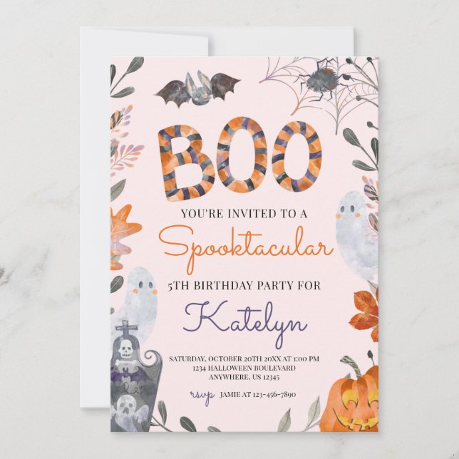 Halloween Birthday Party Invitation with Ghosts (Front)