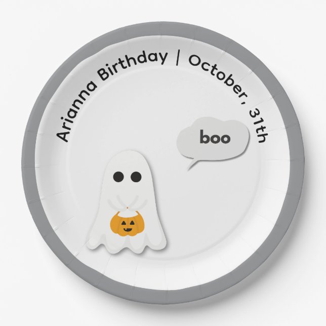 Halloween Birthday Party | Minimal Ghost Design Paper Plates (Front)