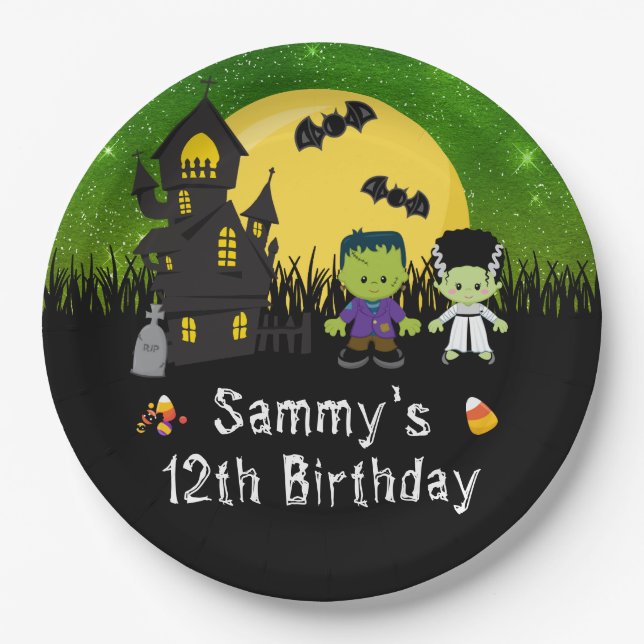 Halloween Birthday Party Monsters Green Paper Plates (Front)