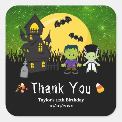 Halloween Birthday Party Monsters Green Square Sticker