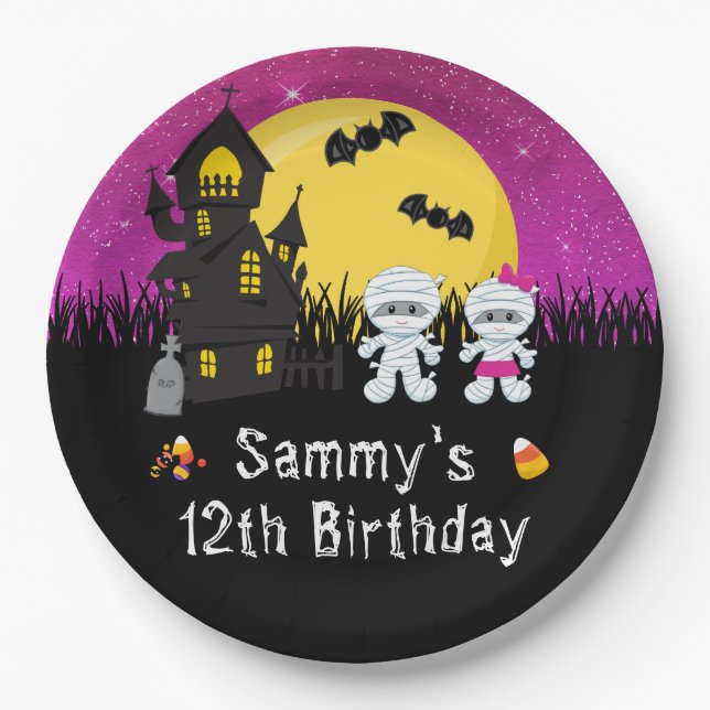 Halloween Birthday Party Mummy Pink Paper Plates (Front)