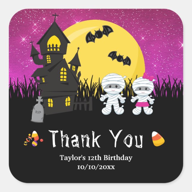 Halloween Birthday Party Mummy Pink Square Sticker (Front)