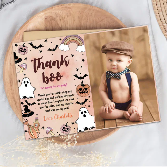 Halloween Birthday Party Photo Thank You Card | Zazzle