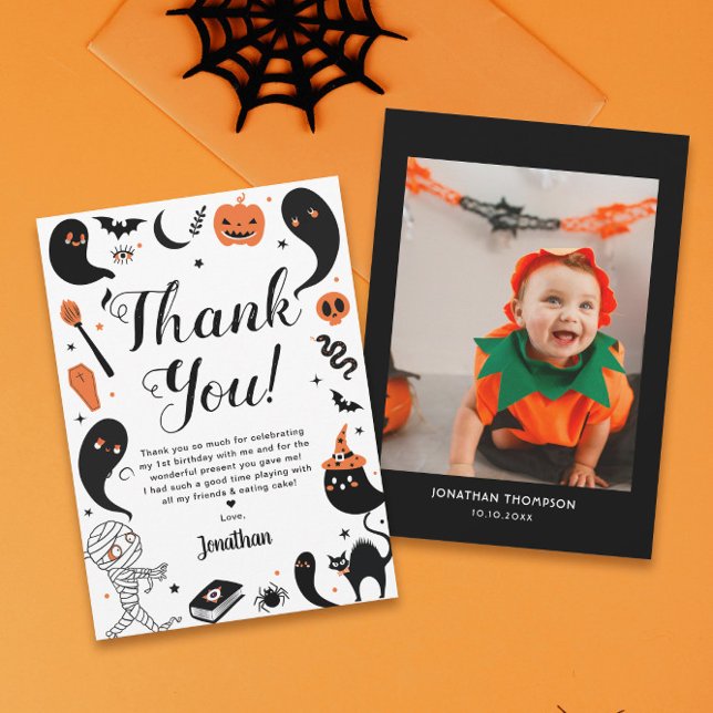 Halloween Birthday Party Photo Thank You Card (Creator Uploaded)