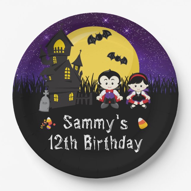 Halloween Birthday Party Vampires Purple Paper Plates (Front)