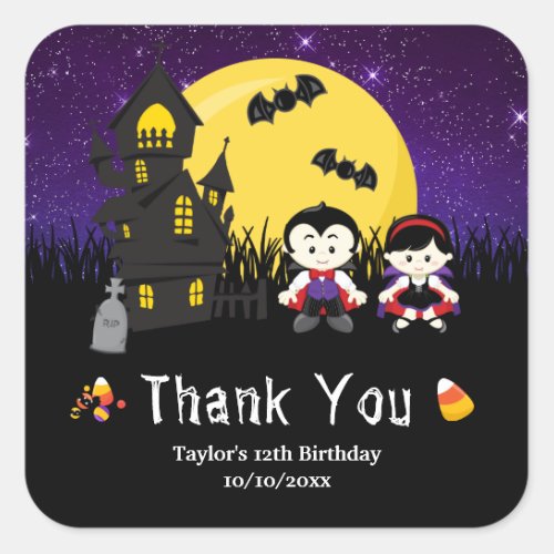 Halloween Birthday Party Vampires Purple Square Sticker
