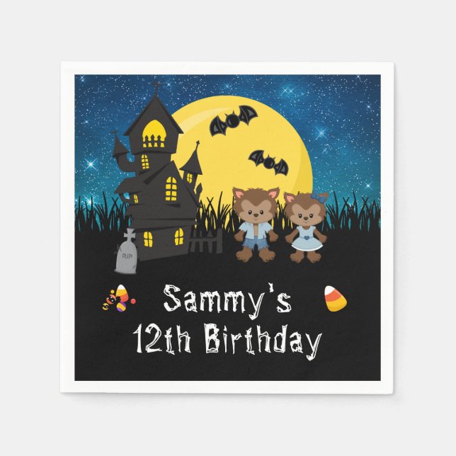 Halloween Birthday Party Werewolf Blue Napkins (Front)