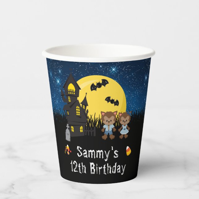 Halloween Birthday Party Werewolf Blue Paper Cups (Front)