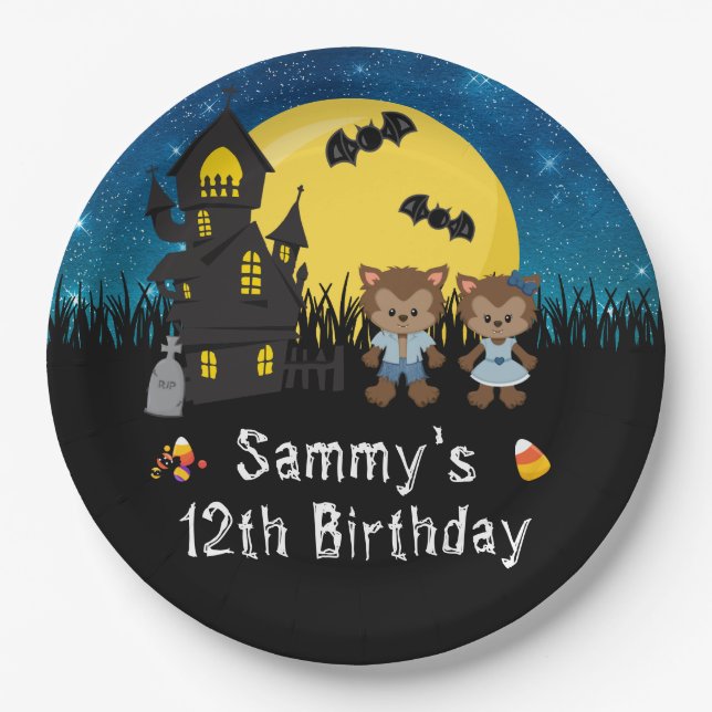 Halloween Birthday Party Werewolf Blue Paper Plates (Front)