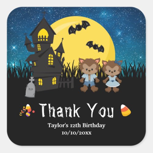 Halloween Birthday Party Werewolf Blue Square Sticker