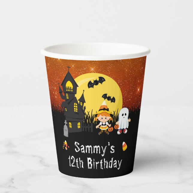 Halloween Birthday Party Witch Ghost Orange Paper Cups (Front)