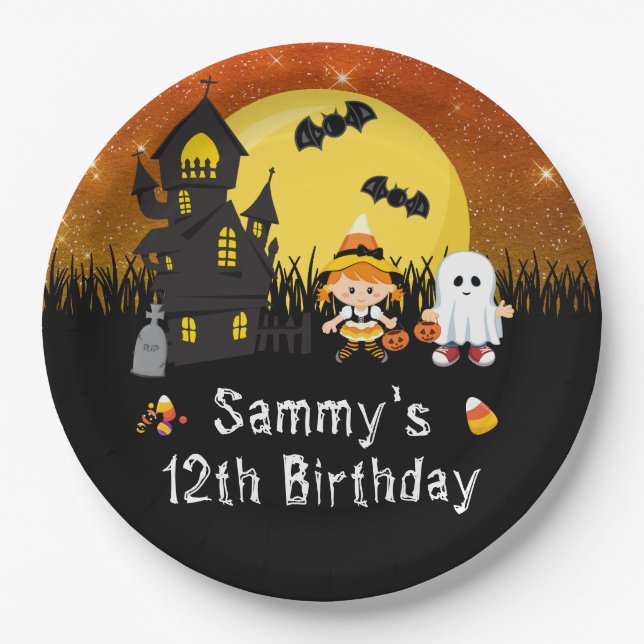 Halloween Birthday Party Witch Ghost Orange Paper Plates (Front)