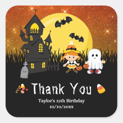 Halloween Birthday Party Witch Ghost Orange Square Sticker