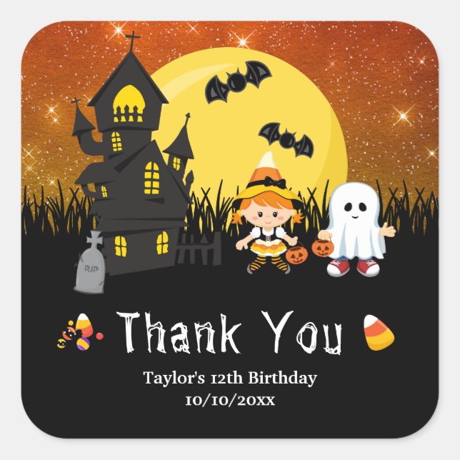 Halloween Birthday Party Witch Ghost Orange Square Sticker (Front)