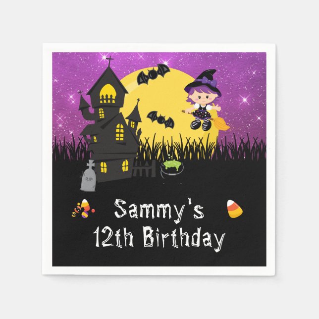 Halloween Birthday Party Witch Purple Napkins (Front)