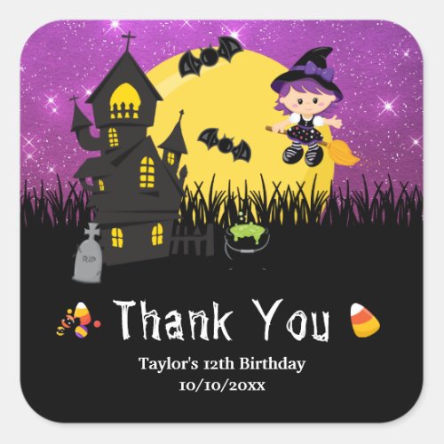 Halloween Birthday Party Witch Purple Square Sticker