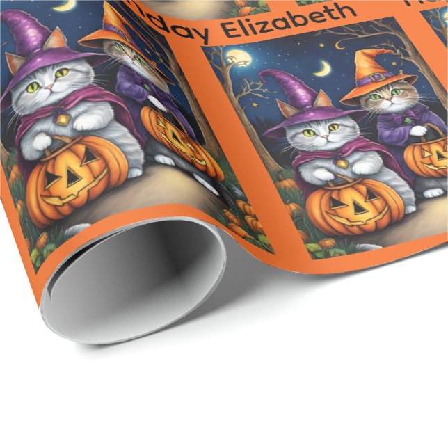 Halloween Birthday Personalize Name Cat Witches Wrapping Paper (Roll Corner)