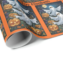 Halloween Birthday Personalize Name Spooky Ghost Wrapping Paper