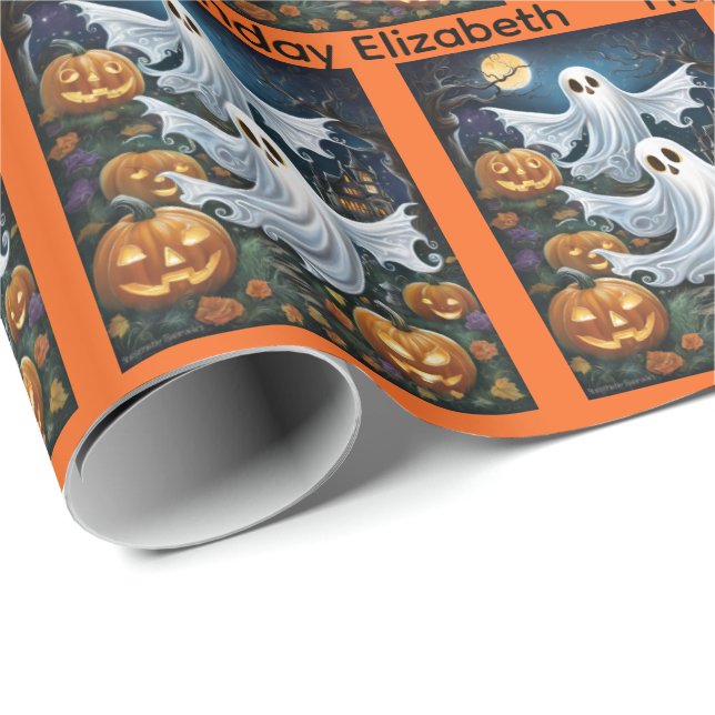 Halloween Birthday Personalize Name Spooky Ghost Wrapping Paper (Roll Corner)