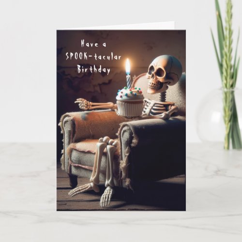 Halloween Birthday Skeleton In Old Chair Card