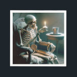 Halloween Birthday Skeleton  Napkins<br><div class="desc">A skeleton sits in a worn armchair holding a cupcake with a lit birthday candle for Halloween birthday Party.
Text can be changed.</div>