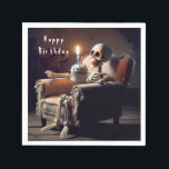 Halloween Birthday Skeleton  Napkins<br><div class="desc">A skeleton sits in a worn armchair holding a cupcake with a lit birthday candle for Halloween birthday Party.
Text can be changed.</div>