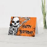 Halloween Birthday Skeleton Spooky Orange Black Card<br><div class="desc">This spooky Halloween design features a scary skeleton in front of orange and black stripes. He's ready to add some Halloween spirit to someone's birthday!</div>