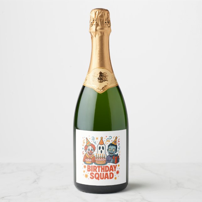 Halloween Birthday Squad Creepy Clown Ghost Zombie Sparkling Wine Label (Front)