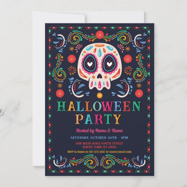 Halloween Birthday Sugar Skull Fiesta Mexican Invitation (Front)
