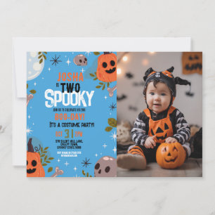 Halloween Birthday TWO Boys Party Photo Blue Invitation