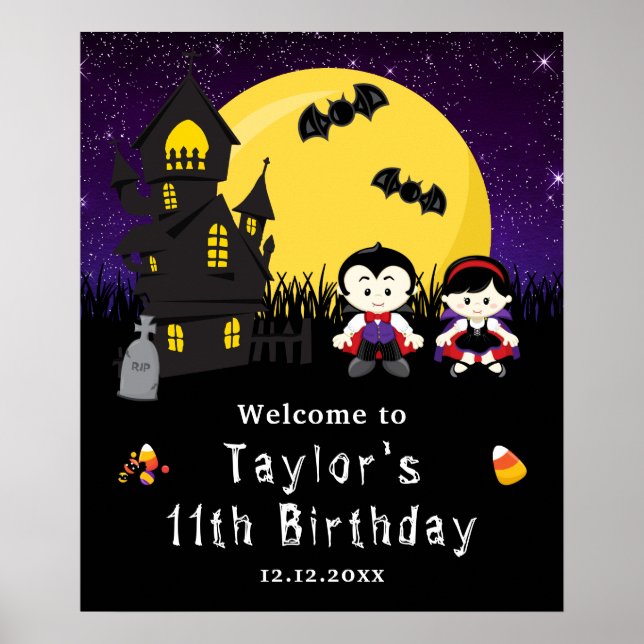 Halloween Birthday Vampires Purple Welcome Sign (Front)