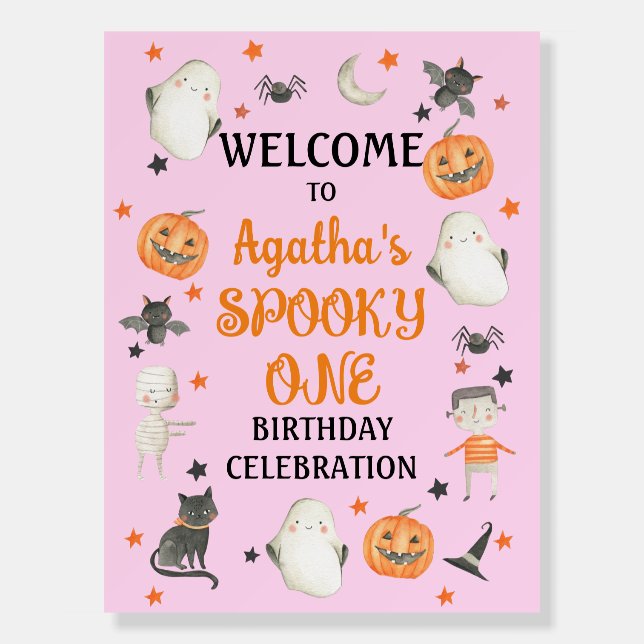 Halloween Birthday Welcome Sign Spooky One Pink (Front)