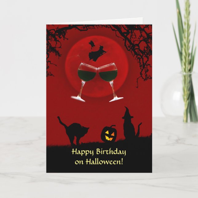 Halloween Birthday Wine Witch Cats and Pumpkin Card (Front)