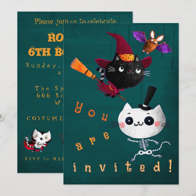 Halloween Birthday Witch Cats Bat Vampire Skeleton Invitation (Front/Back)