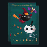 Halloween Birthday Witch Cats Bat Vampire Skeleton Invitation<br><div class="desc">It's so cool to have your birthday on Halloween! Trick or Treat! Cute Halloween kids birthday invitation design with black kitten in witch hat flying on a broom, funny bat, vampire, zombie, running skeleton cat in a black top hat, boiling kettle with bones, and other seasonal elements. Orange typography text....</div>