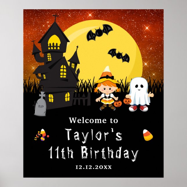 Halloween Birthday Witch Ghost Orange Welcome Sign (Front)