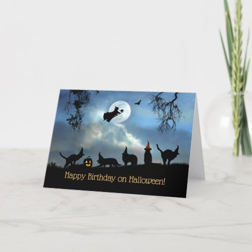 Halloween Birthday with Cats and Witch Card