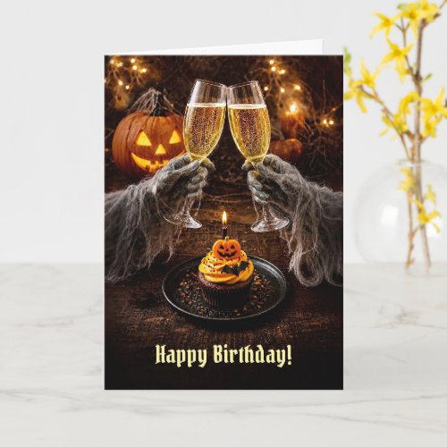 Halloween Birthday with Cupcake Champagne Card