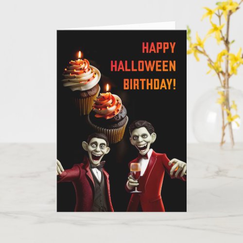 Halloween Birthday with Cupcakes and Ghouls Wine Card