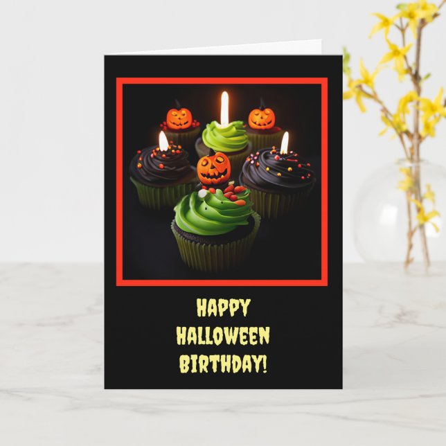 Halloween Birthday with Cupcakes Cute Card (Yellow Flower)